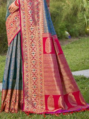 blue banarasi silk blend woven weaving work saree 3