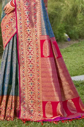 blue color banarasi silk blend woven weaving work saree