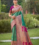 rama green color banarasi silk blend woven weaving work saree