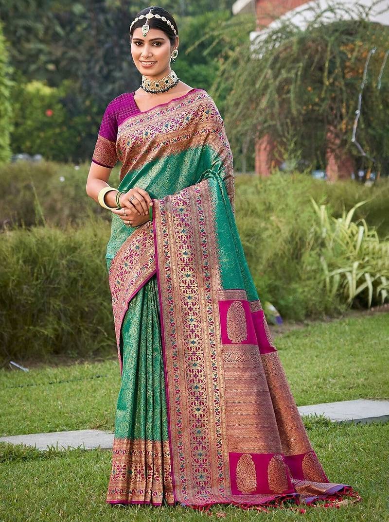 rama green color banarasi silk blend woven weaving work saree