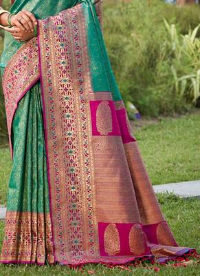 rama green color banarasi silk blend woven weaving work saree 3