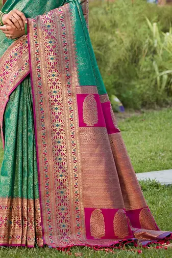 rama green color banarasi silk blend woven weaving work saree