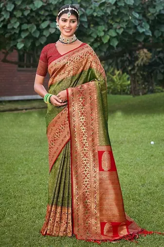 mehandi green color banarasi silk blend woven weaving work saree