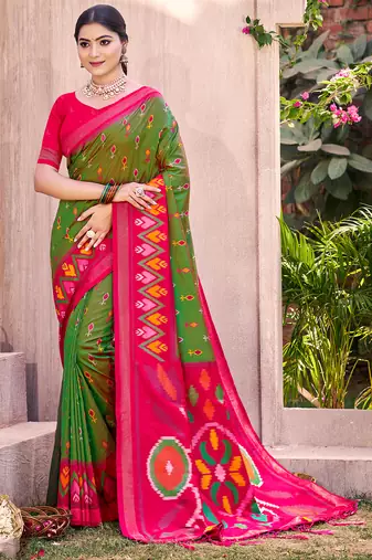 mehandi green color pochampally silk blend weaving work saree