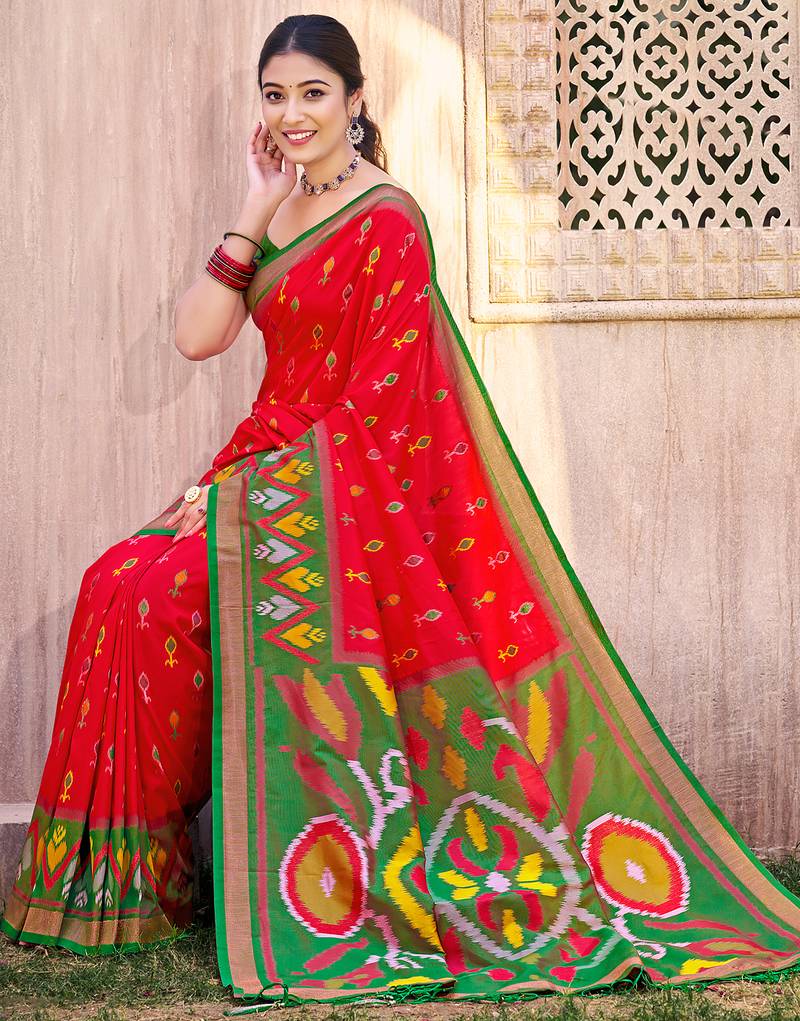 red color pochampally silk blend weaving work saree