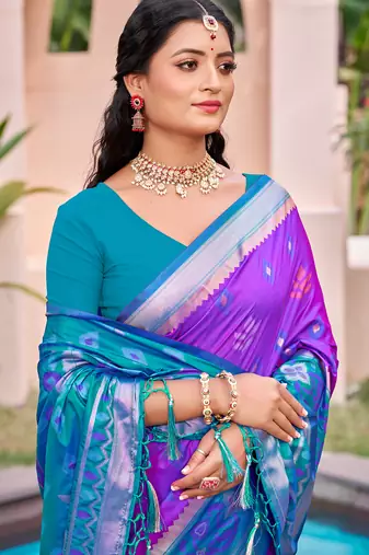 purple color pochampally silk blend weaving work saree