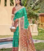 rama green color pochampally silk blend weaving work saree