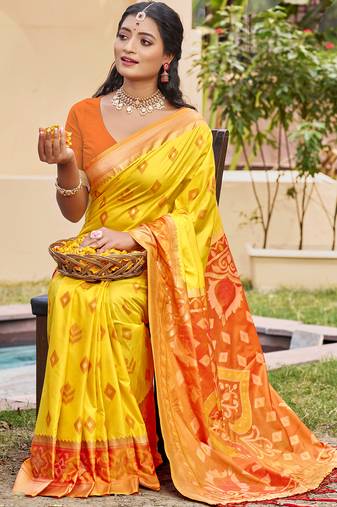 yellow color pochampally silk blend weaving work saree