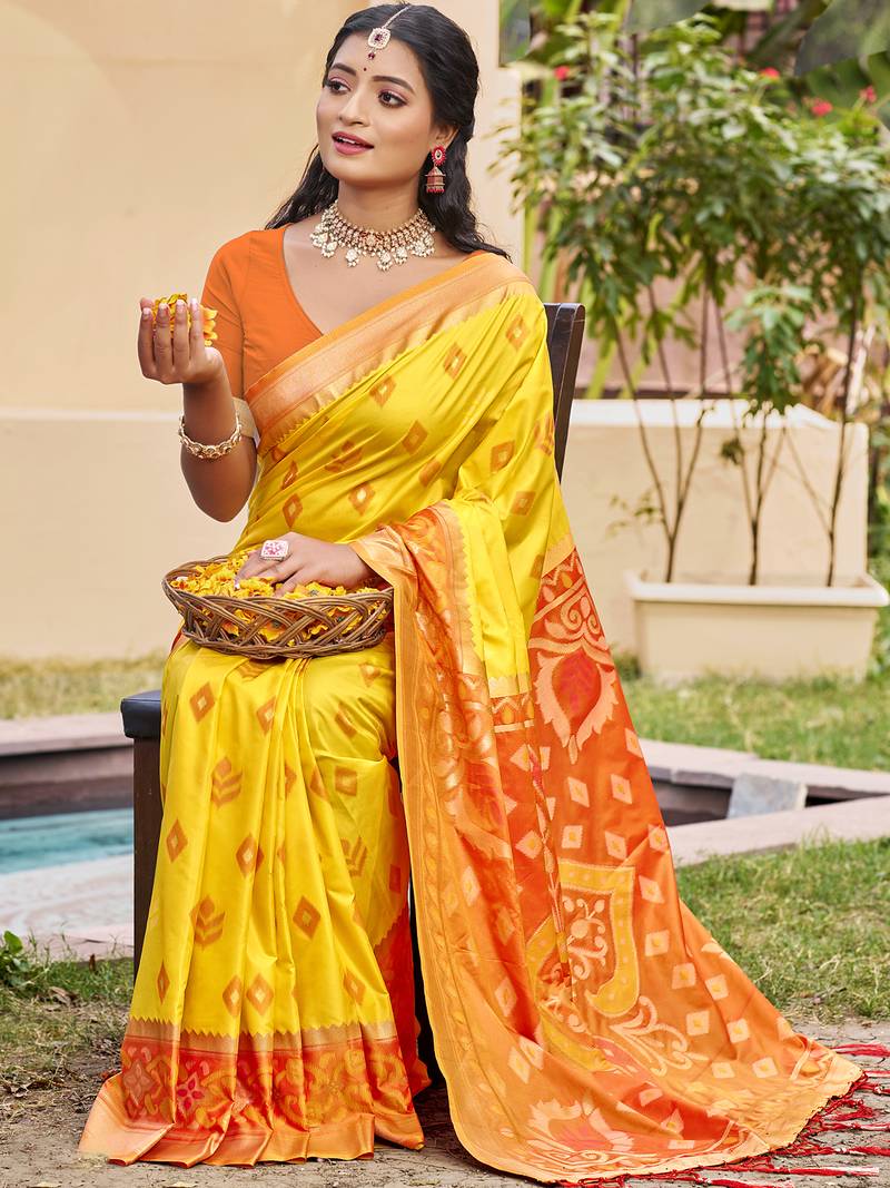 yellow color pochampally silk blend weaving work saree