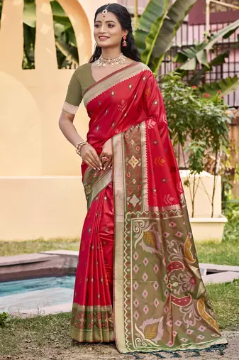 red color pochampally silk blend weaving work saree