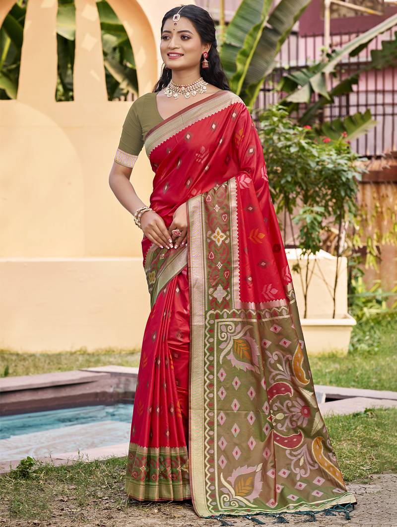 red color pochampally silk blend weaving work saree