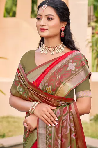 red color pochampally silk blend weaving work saree