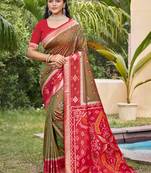 mehandi green color pochampally silk blend weaving work saree