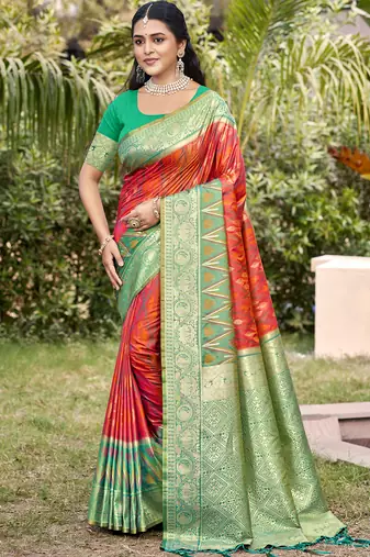 Orange yellow color pochampally silk blend weaving work saree