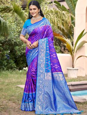 purple color pochampally silk blend weaving work saree 1