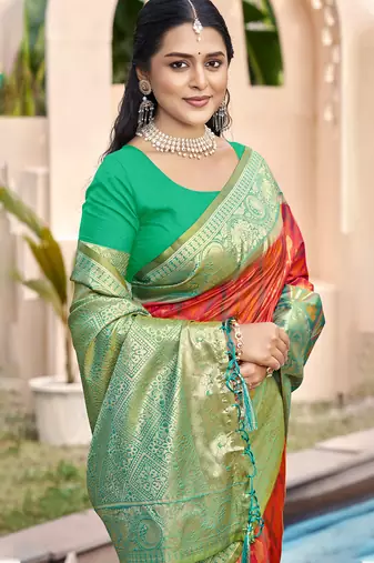 Orange yellow color pochampally silk blend weaving work saree