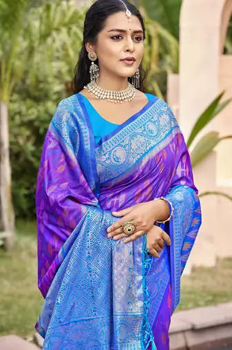 purple color pochampally silk blend weaving work saree
