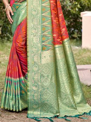 Orange yellow color pochampally silk blend weaving work saree 3