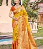 yellow color pochampally silk blend weaving work saree