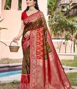 mehandi green color pochampally silk blend weaving work saree