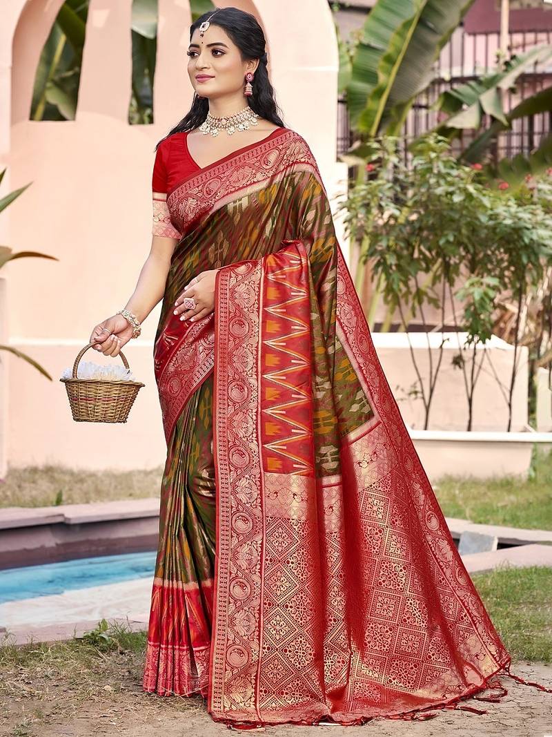 mehandi green color pochampally silk blend weaving work saree