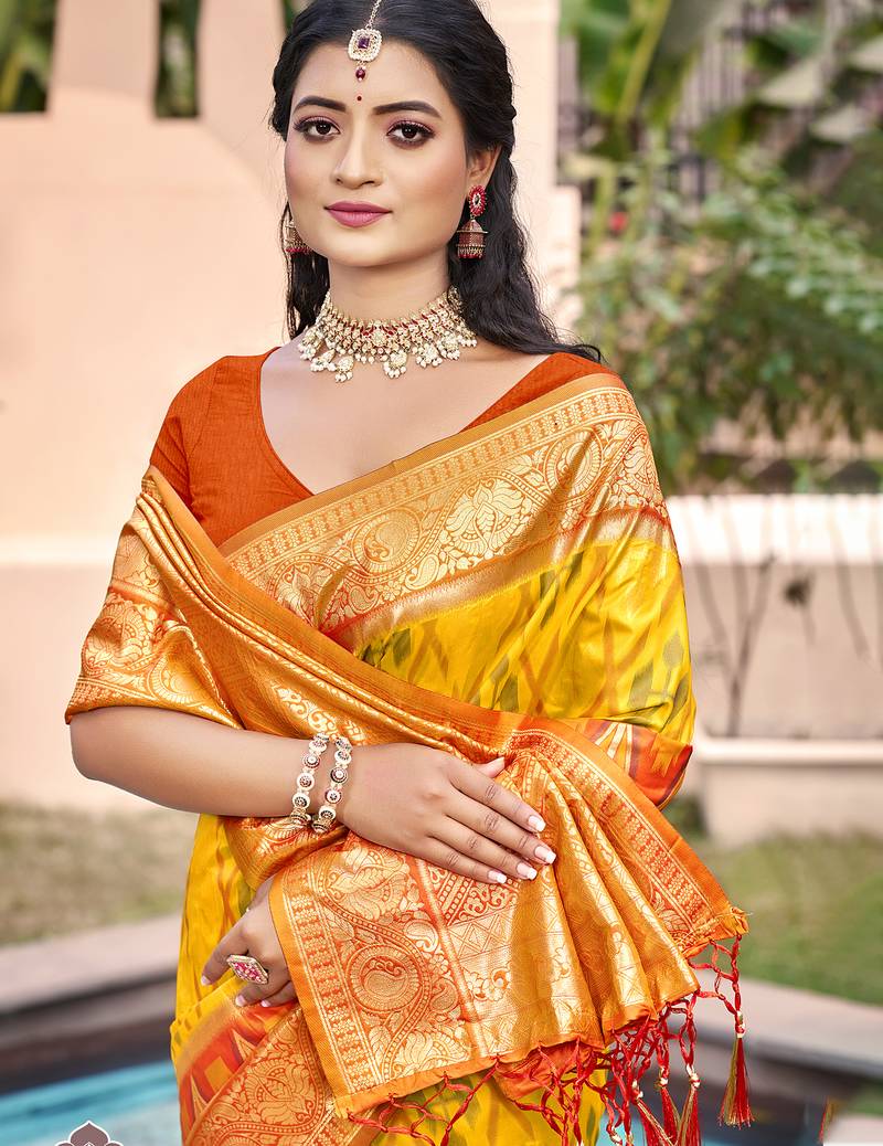 yellow color pochampally silk blend weaving work saree
