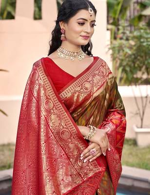 mehandi green color pochampally silk blend weaving work saree 2
