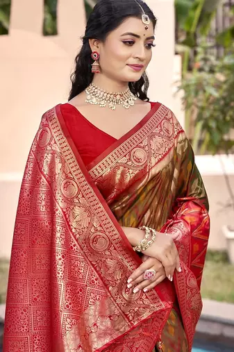 mehandi green color pochampally silk blend weaving work saree