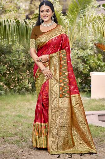 red color pochampally silk blend weaving work saree