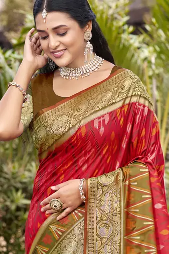 red color pochampally silk blend weaving work saree