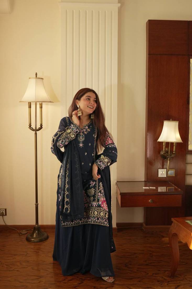 Teal Georgette Embroidered Kurta Palazzo Set