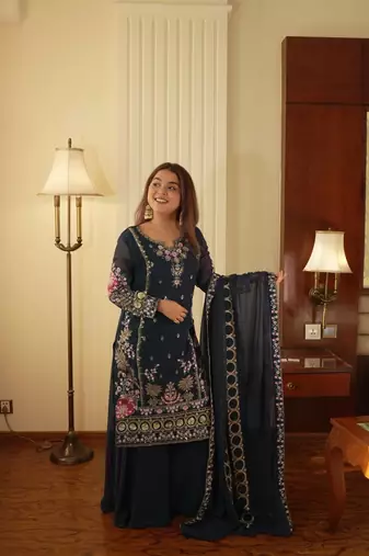Teal Georgette Embroidered Kurta Palazzo Set