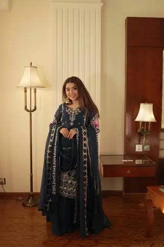 Teal Georgette Embroidered Kurta Palazzo Set