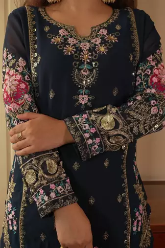 Teal Georgette Embroidered Kurta Palazzo Set