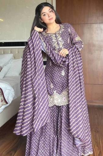 Lilac Chinon Kurta Palazzo set