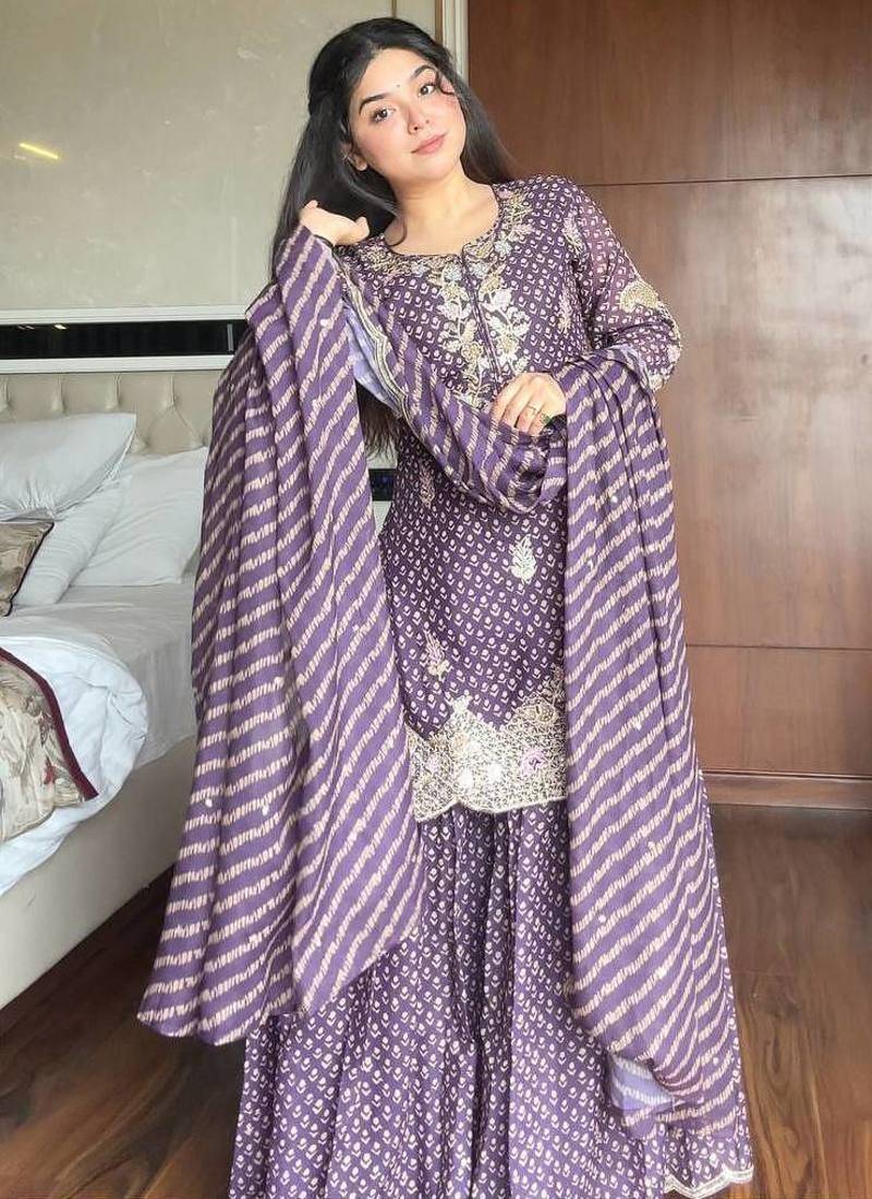 Lilac Chinon Kurta Palazzo set