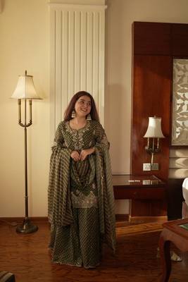 Green Chinon Kurta Palazzo Set 1