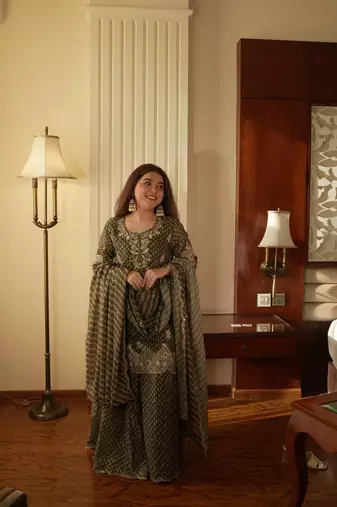 Green Chinon Kurta Palazzo Set