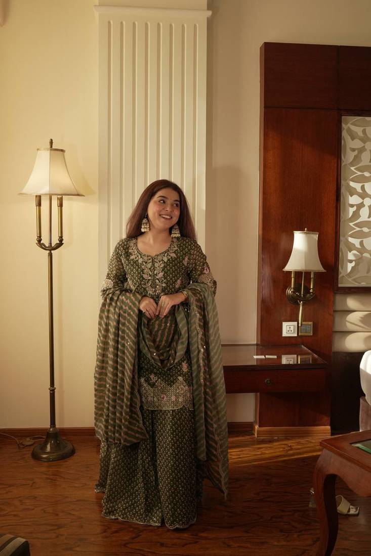 Green Chinon Kurta Palazzo Set