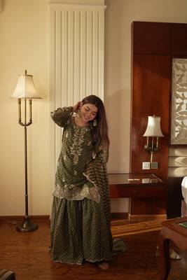 Green Chinon Kurta Palazzo Set 2