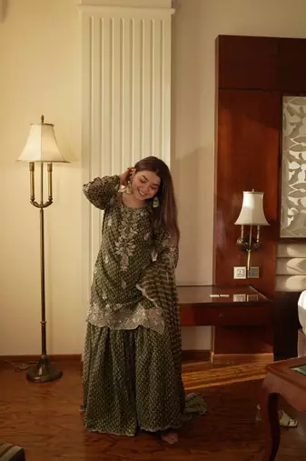 Green Chinon Kurta Palazzo Set