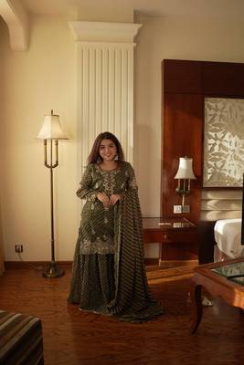 Green Chinon Kurta Palazzo Set 3