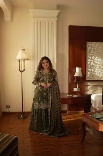 Green Chinon Kurta Palazzo Set