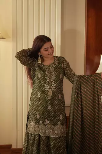 Green Chinon Kurta Palazzo Set