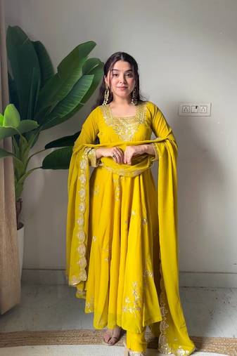 Yellow Georgette Embroidered Kurta Set
