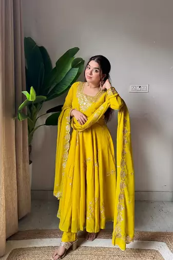 Yellow Georgette Embroidered Kurta Set