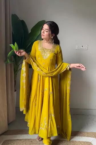 Yellow Georgette Embroidered Kurta Set