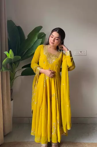 Yellow Georgette Embroidered Kurta Set