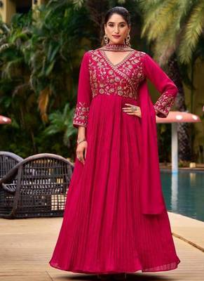 Pink Vichitra Embroidered Gown set 1