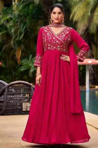 Pink Vichitra Embroidered Gown set